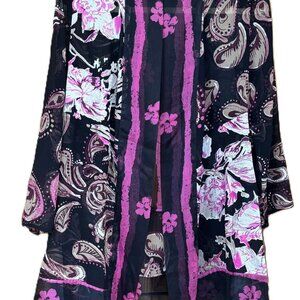 Chico's Travelers Women's Size 0 Black Pink Floral Paisley Open Front Sheer